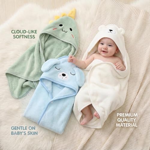 Image of Hooded Baby Towel - 3 Pack Premium Soft Bath Towel for Baby, Newborn,Infant - Ultra Absorbent,Natural Baby Stuff Towel, Soft Coral Velvet Coral Fleece Bath Towel for Boys and Girls