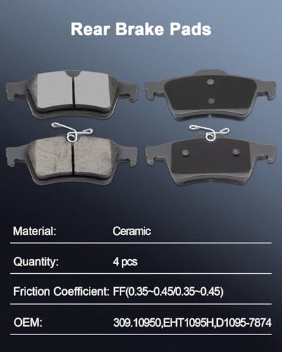 Image of ECCPP 8pcs D1044 D1095 Ceramic Disc Brake Pads For Ford For Focus 2012-2018 | Front Rear Brake Pads 2018 For Ford For EcoSport,2013 2014 2015 2016 For Ford For Escape,2004-2013 For Mazda For 3;w /Hardware