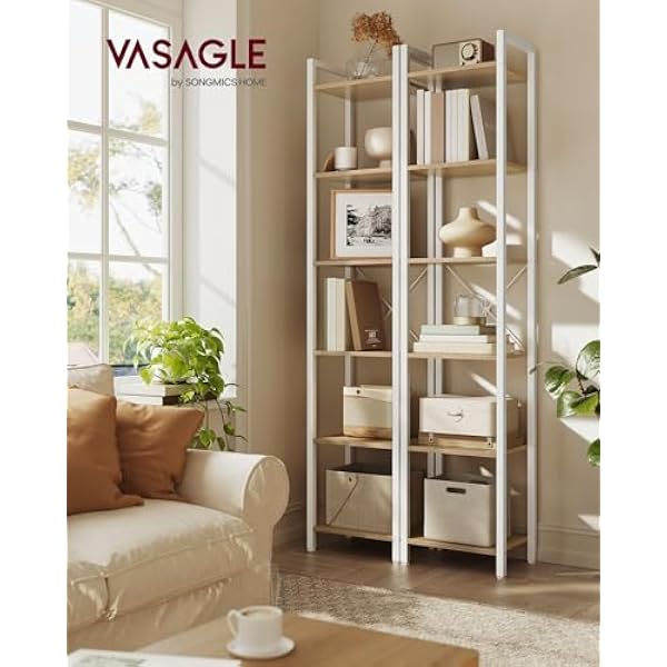 VASAGLE Книжная полка 6-ярусная для офиса кабинета гостиной спальни 30 x 40 x 187 5 см в стиле индастриал натуральный бежевый и белый Cloud White LLS101N01