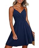 Newshows Women's Summer Dress Spaghetti Strap Sleeveless V Neck Casual Swing Sundress with Pockets(Navy,Medium)