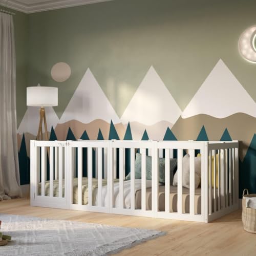 Crazy Pine Lit Enfant 200x120 cm – Lit Montessori au Sol avec Haute Barrière 73cm et Barrière Amovible - Bois Blanc avec Surface Lisse - Parfait pour...