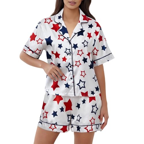 Image of Piacakece 4th of July Women Outfit Short Sleeve Button Shirt Matching Shorts Satin Pajama Sets Women July Fourth Clothes