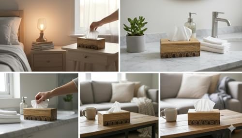 Image of WOOD ART STORE Wooden Tissue Box - Decorative Wood Tissue Holder for Home, Office, Car - Handmade Tissue Dispenser with Fine Engraving Works Size-9x5x3 Inhces (Natural Wood)
