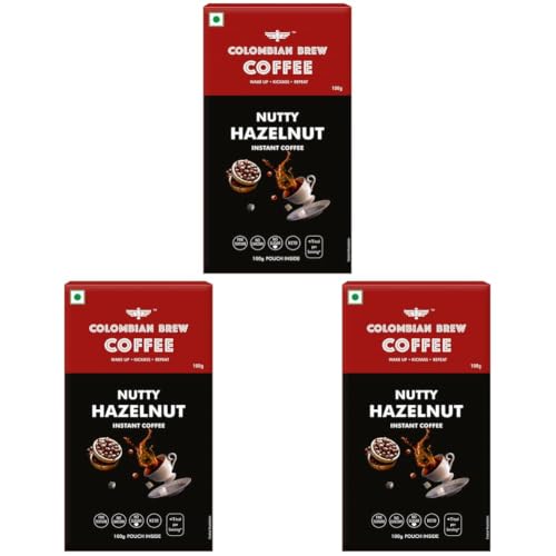 Image of COLOMBIAN BREW COFFEE Hazelnut Instant Coffee Powder, No Sugar Vegan, 100 G Box (Pack of 3)