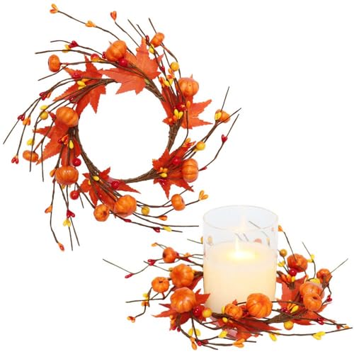 2 Pieces Pumpkins Maple Leaves Candle Rings Wreaths with Pip Berry Fall Candle Rings Thanksgiving Day Ring Holder Mini Autumn Artificial for Wedding Door Tabletop Decoration (Orange)