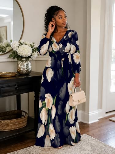 Image of PinkPatty Plus Size Dresses for Curvy Women V Neck Flowy Long Sleeves Wrap Maxi Dress Travel Vacation Outfits
