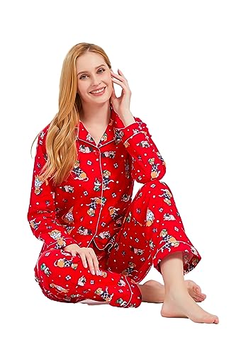 Image of GLOBAL Women's Flannel Pajamas Set 100% Cotton PJs for Women Long Sleeve Button Drawstring Waist Warm Loungewear Sleepwear