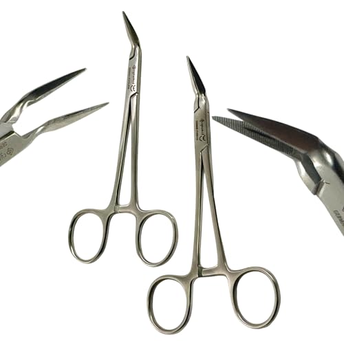 Pack of 2 Sharp Point Splinter Root Fragment Forceps, 5.5in, Angled to 45 Degree + 90 Degree | Serrated | German Stainless Steel Dental & Veterinary Tools