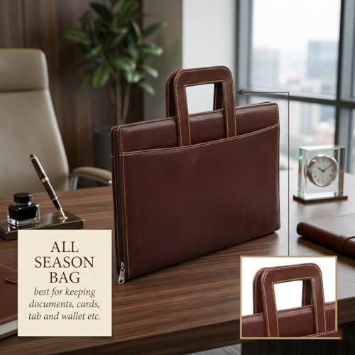 Image of STREPE ZK Brown, Leather File Organizer Bag with Handle, Zipper Portfolio Folder for Documents, Certificates, Cards & Tablet, Office Business Travel Case for Men & Women