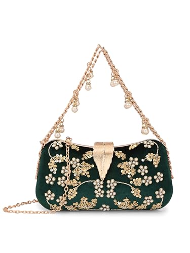 Image of TOOBA Handicraft Clutch Purse For Women with Sleek Design Embroidered Leaf Clutch| Trendy Stylish Bridal, Party, Wedding Sling Bag