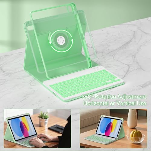 Image of YBING Keyboard Case for iPad 10th Gen 10.9 inch(2022) & 11th Gen(A16, 2025), 7-Color Backlit Detachable Keypad & Rotatable Magnetic Case with Pencil Holder (Green)