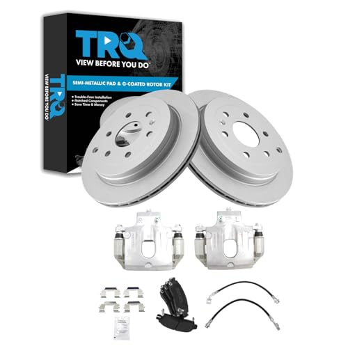 Image of TRQ Rear Brake Pad and Rotor Set Semi Metallic Coated Rotors Calipers Hoses Compatible with 2008-2016 Buick Enclave 2009-2017 Chevrolet Traverse 2007-2016 GMC Acadia 2007-2010 Saturn Outlook