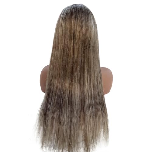 Image of Munx Ash Blonde Lace Front Wig Human Hair for White Women, Pre Plucked 13x4 Ombre Highlight Wig Human Hair Natural Hairline Full 180% Density Brown and Blonde Glueless Frontal Wigs 16 inch