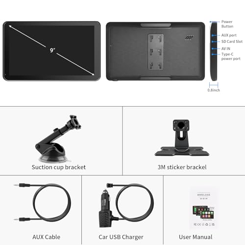 Image of CarPlay Screen for Car, 9'' Wireless CarPlay & Android Auto - Smart Portable Touchscreen with Bluetooth /FM, Mirror Link, Voice Control, GPS Navigation, Hands-Free Calling, Plug & Play Car Play Screen