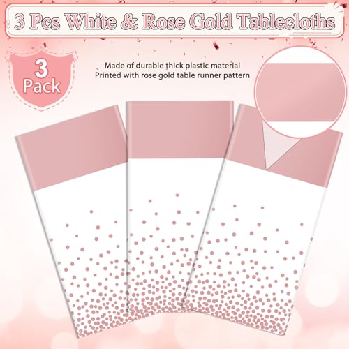 Image of 3Pcs White and Rose Gold Tablecloth Party Decorations,Plastic White Table Cloth Printed Rose Gold Table Runner Disposable Rectangle Cover for Birthday Anniversary Wedding Grad Party,54 x108 Inch