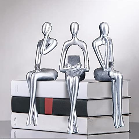 3Pcs Gold Thinker Statues Resin Sculpture Accents, Modern Abstract Style Ornaments Bookshelf Collectible Figurines, Shelf Decorations for Living Room Office Table Dining Desk,Silver Cover