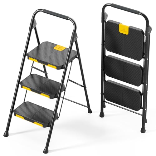KINGRACK Escalera Plegable de 3 Peldaños con Bloqueo de Seguridad, Escalera de Tijera Doméstica Carga hasta 360kg con Pedal Ancho Antideslizante, Pasamanos, Taburete de Acero, para Hogar Cocina, Negro