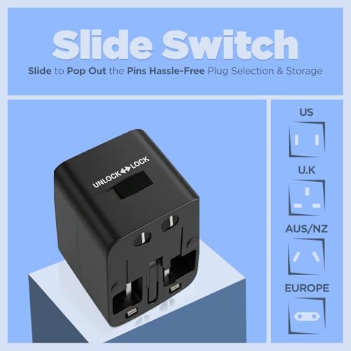 Image of UNIGEN Universal Travel Adapter with Multiple Plug Pins | Worldwide Charger Adaptor Plug for US, UK, EU, AUS with Surge Protection | All-in-One International Power Converter - Black