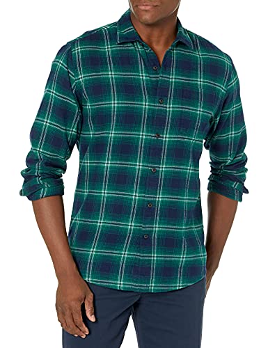 Amazon Essentials Men's Long-Sleeve Flannel Shirt, Green Navy Ombre Plaid, Medium
