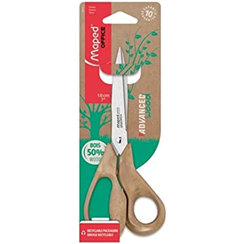 Maped - Advanced 50% PP Wood Scissors - Pointed tip - Stainless steel blades and rivet - Ergonomic 3D handles with 50% wood powder - 10 year guarantee - Scissors 18 cm