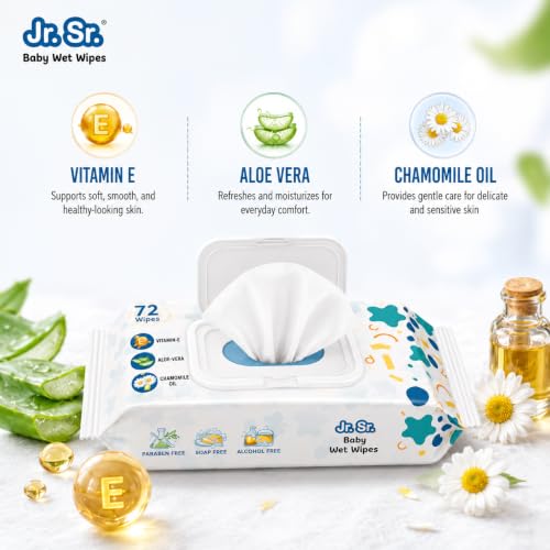 Image of Jr. Sr. Baby Wipes With Lid | 72 Wipes x Pack of 3, 216 Wipes | Safe & Moist Wet Wipes for Babies | Prevents Rashes & Redness with Goodness of Aloe Vera, Vitamin E & Chamomile Oil | No Paraben & No Alcohol