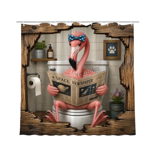 Youtoko Cute Flamingo Shower Curtain Reading Newspaper Rustic Wood Frame 72x72 with 12 Hooks Waterproof Washable Polyester Bathroom Decor