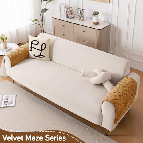 Image of HOKIPO 'Velvet Maze' Premium Anti-Slip Sofa Armrest Covers| 1 Pair - Light Brown (AR-6278-LBR-L*2)