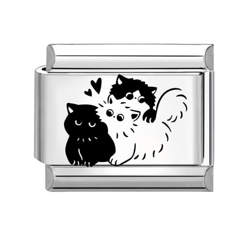 Image of Jodimitty Cat Pattern Italian Charm Silver Stainless Steel Modular Charm, Gifts for Pet Lover, fits all 9mm Bracelet, Black White Engraved Design (Cat R)