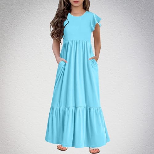 Girl's Solid Ruched Trendy Summer Dress High Elastic Ruffle Short Sleeve Dresses Side Pocket Simple Maxi Sundress2