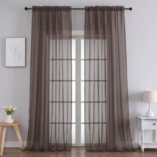 Image of Chocolate Bedroom Curtains 2 Panel Sets 96 Inch Length, 59 Inch Extra Wide Light Filtering Voile Drapes Light Airy Window Drapes for Patio Door Living Room Bedroom Dining, 59Wx96L Inches