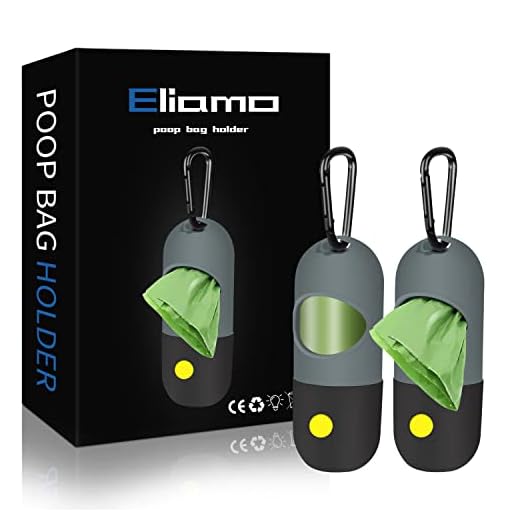 2 Pack Dog Poop Bag Dispenser with Built-in LED Flashlight, Pet Waste Bag Holder for Leash with Carabiner Clip for Lead Leash, 2 Rolls Leak-proof Doggy Waste Bags for Dog Walking, Grey