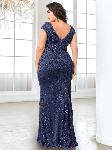 Image of Plus Size Womens Sequined Long Evening Gown Glamous Sleeveless V-Neck Mermaid Prom Dress for Wedding Party