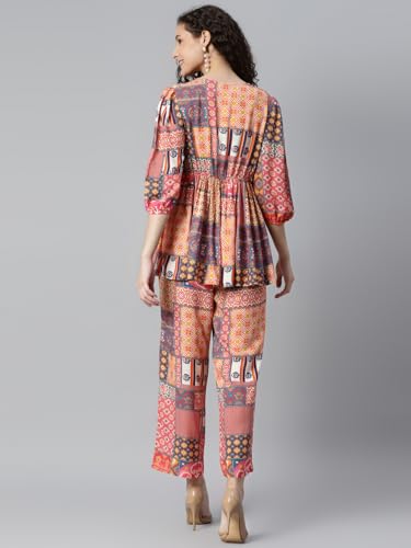 Image of DEEBACO Women's Geometric Print Rayon Top & Pants Co Ord Set For Women V Neck 3 /4 Puff Sleeve Ladies Party Casual Wear Fashionable For Girls Loose Fit Cord Set (DBCOMR00000983 M Multicolor)