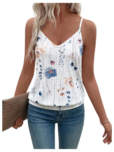 SweatyRocks Women's V Neck Floral Print Cami Tank Top Summer Casual Eyelet Sleeveless Cami Shirts