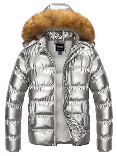 Image of Pursky Men's Puffer Jacket Waterproof Winter Bubble Coats Ski Parka Fur Hooded