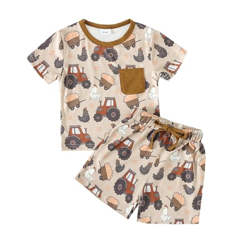 Image of SAYOO Toddler Baby Boy Farm Clothes Western Farm Chicken Animals/Tractor Shirt+Short Pant Summer Short Outfit Country Stuff