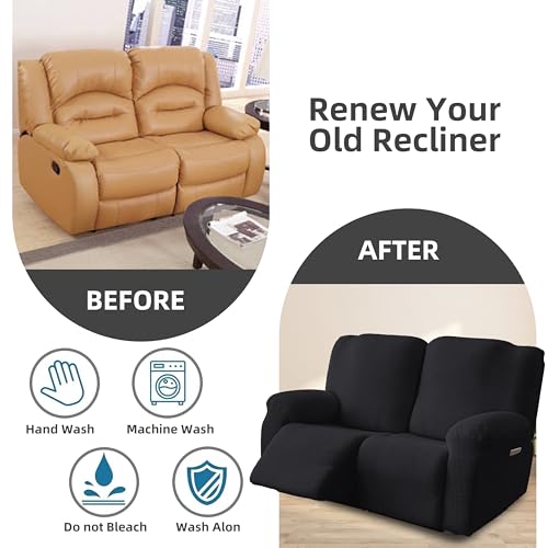 Image of Genina Recliner Loveseat Covers, Stretch Reclining Sofa Covers, 2 Seater Couch Cushion Stripe Jacquard Recliner Slipcovers - Furniture Protector Covers for Pet Kid (Black)