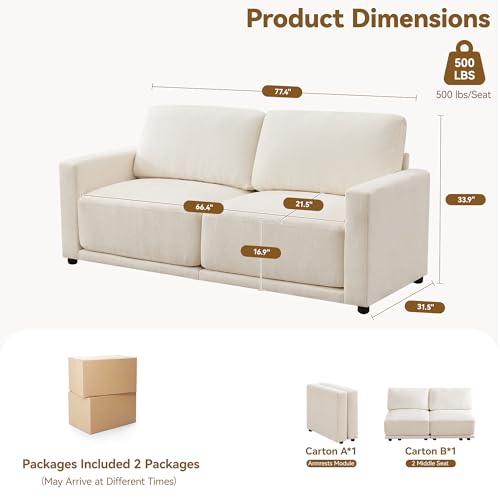 Image of 77.4 inch Modular Sectional Loveseat Sofa, Cloud Deep Seat Couch, Love Seat Sofas for Living Room, 2 Seater Chenille Couches with Thickened Cushions, White