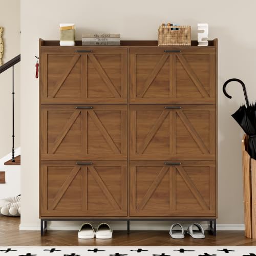 Image of BORNOON Shoe Cabinet with 6 Flip Drawers Narrow Shoe Storage Cabinet Organizer Wooden Freestanding Shoe Rack Hidden Slim Shoes Storage Cabinet for Entryway, Hallway, Living Room, Bedroom