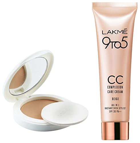 Image of LAKME Light Coverage Natural Finish Perfect Radiance Skin Lightening Compact PowdeR, 8g & 9 To 5 CC Cream Mini, 01 - Beige, 9g