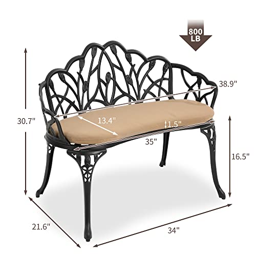 Homefun Outdoor Patio Bench, Garden Bench With Cushion All-Weather Cast Aluminum Extra Loveseat For Lawn Front Porch Path Yard Decor Deck Furniture Black #TOP6