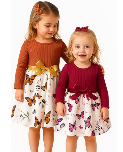 Girls Long Sleeve Butterfly Print Dresses with Tie Belt for Princess Brithday Party 4-8 Years(Red+Brown)4