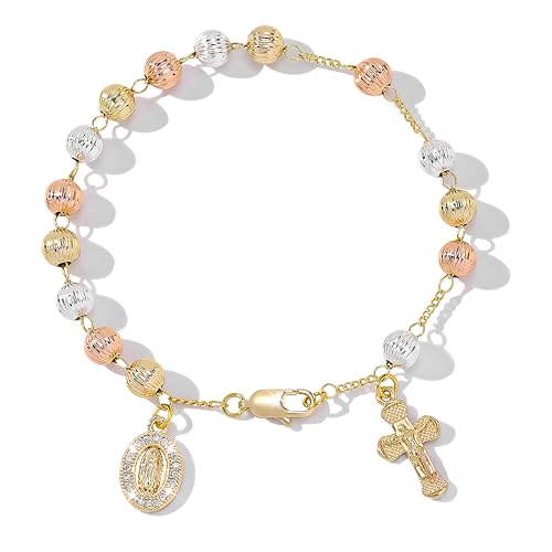 6mm Gold Plated Beads Catholic Guadalupe Crucifix Charm Rosary Bracelet for Women with Gift Box