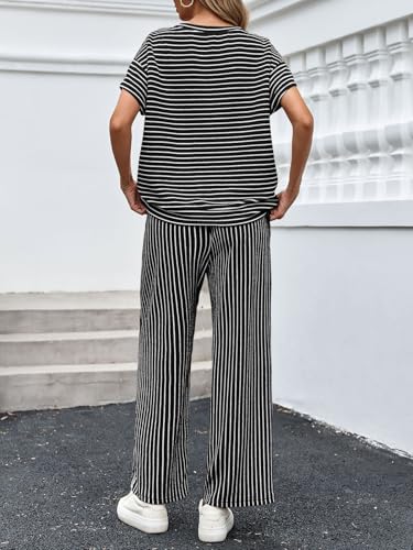 Image of Tankaneo Womens Striped 2 Piece Sets Short Sleeve T Shirts Wide Leg Pants Matching Lounge Set with Pockets