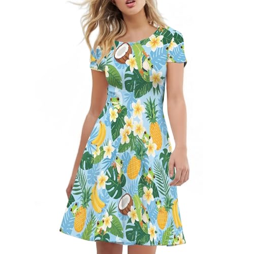Image of Forchrinse Frog Dresses for Women Plus Size Hawaiian Monstera Crewncek Midi Dress Casual Short Sleeve A Line Dress Summer Beach Sundress Size S-4XL