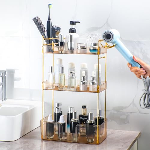 Image of Akinbas 3 Tier Bathroom Organizer Countertop Makeup Perfume Tray Skincare Organizer Comes with Hair Dryer Rack and Toothbrush Holder for Bathroom Dresser Vanity (Gold)