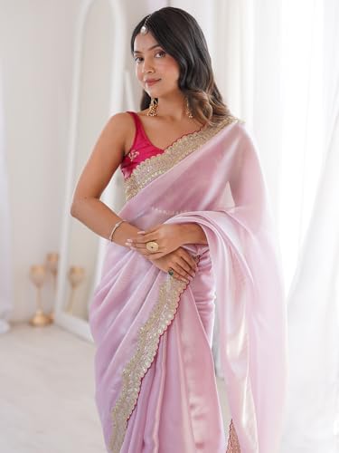 Image of AKHILAM Women's Shimmer Satin Sequence Embroidery Work Border Saree With Unstitched Blouse Piece