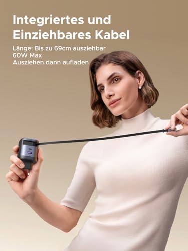 UGREEN Nexode USB C Ladegerät 65W, mit 69cm Einziehbarem Kabel, 3-Port – Ansicht 3