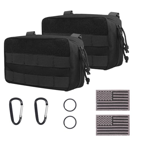 XTACER EDC Utility Orgaznier Bag, Tactical MOLLE Admin Pouch,Utility Tactical EDC Tool Pouch Bag, with USA Flag Patch, D Ring and Key Ring (Black (2-Pack))