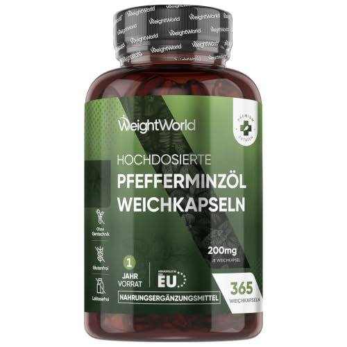 Pfefferminzöl Weichkapseln - 200mg Pfefferminz Öl pro Softgel - 365 Pure Peppermint Oil Weichkapseln - 1 Jahr Vorrat - Glutenfrei Laktosefrei & Ohne Gentechink - Pfefferminze - WeightWorld